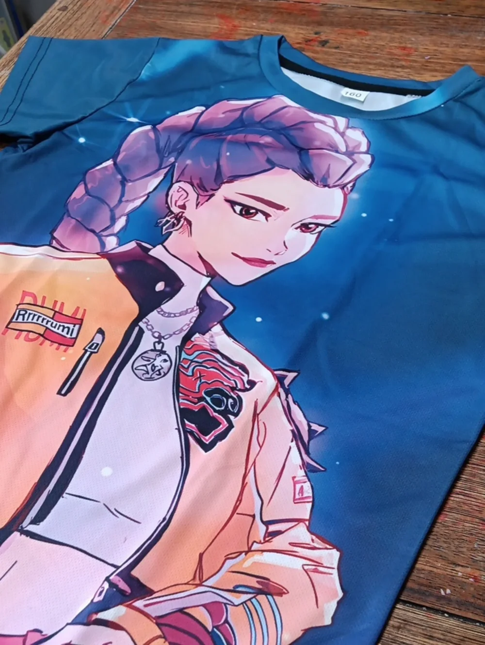 Kids Graphic Tee with Blue and Peach Anime Illustration Demon Hunters RUMI